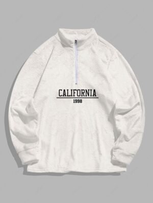 outfit Men's CALIFORNIA 1998 Graphic Pattern Fluffy Fleece Quarter Zip Stand Collar Sweatshirt - CRYSTAL CREAM 2XL