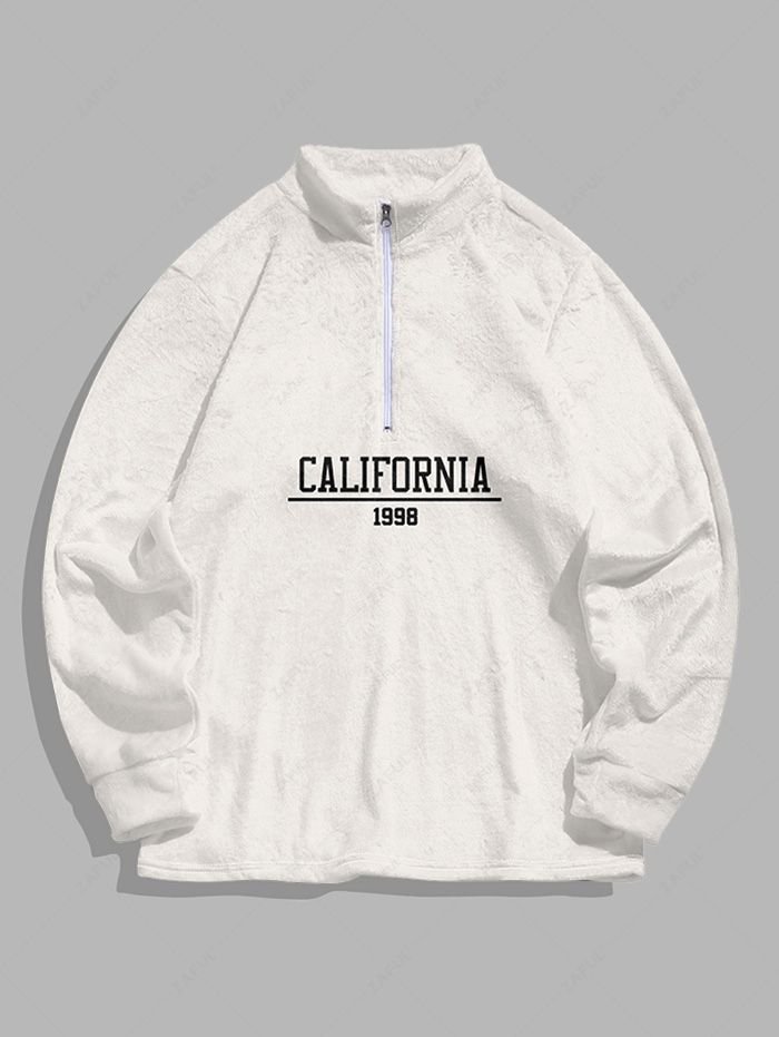 outfit Men's CALIFORNIA 1998 Graphic Pattern Fluffy Fleece Quarter Zip Stand Collar Sweatshirt - CRYSTAL CREAM 2XL
