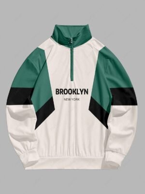 online Men's Casual Colorblock Letter Pattern Quarter Zip Stand Collar Sweatshirt - WHITE M