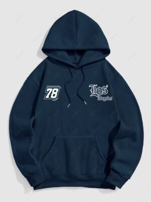 womens Men's Los Angeles Letter Number Pattern Fuzzy Fleece-lined Kangaroo Pocket Design Pullover Hoodie - MIDNIGHT BLUE M