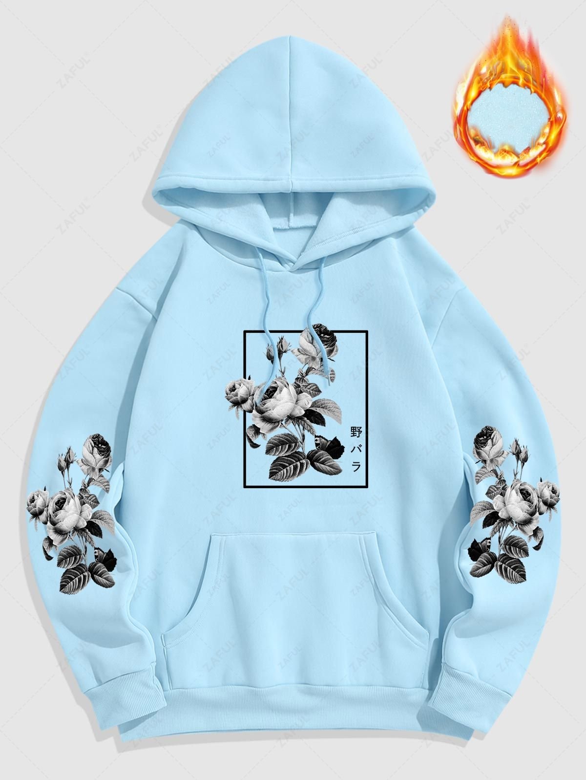shops Men's Japanese Rose Graphic Pattern Fuzzy Fleece-lined Kangaroo Pocket Design Pullover Hoodie - LIGHT BLUE 2XL