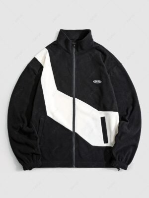 new Men's Casual Fleece Fluffy Colorblock Letter Patch Desigh Stand Collar Zipper Fly Jacket - BLACK L