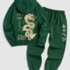 new Men's Chinese Characters Dragon Japanese Letter Number Graphic Pattern Fuzzy Fleece-lined Kangaroo Pocket Design Pullover Hoodie And Drawstring Jogger Sweatpants Set - DEEP GREEN ONE SIZE
