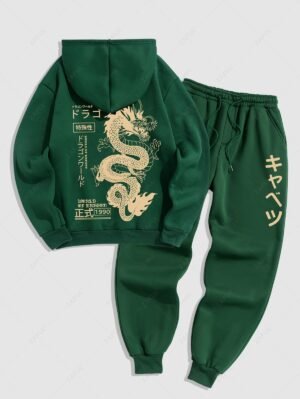 new Men's Chinese Characters Dragon Japanese Letter Number Graphic Pattern Fuzzy Fleece-lined Kangaroo Pocket Design Pullover Hoodie And Drawstring Jogger Sweatpants Set - DEEP GREEN ONE SIZE