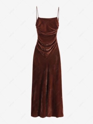 sale Women's Sexy Elegant Velvet Cinched Ruched Open Back Spaghetti Strap Cami Midi Dress - COFFEE S