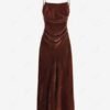 sale Women's Sexy Elegant Velvet Cinched Ruched Open Back Spaghetti Strap Cami Midi Dress - COFFEE S