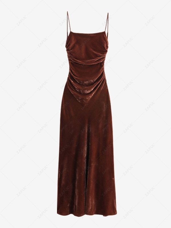 sale Women's Sexy Elegant Velvet Cinched Ruched Open Back Spaghetti Strap Cami Midi Dress - COFFEE S