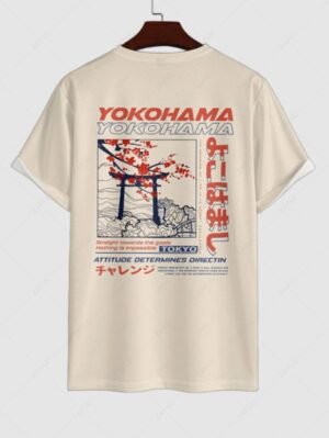 online Men's Japanese Torii Floral Waves Letter Slogan Graphic Printed Crew Neck Short Sleeves T-shirt - ANTIQUE WHITE L