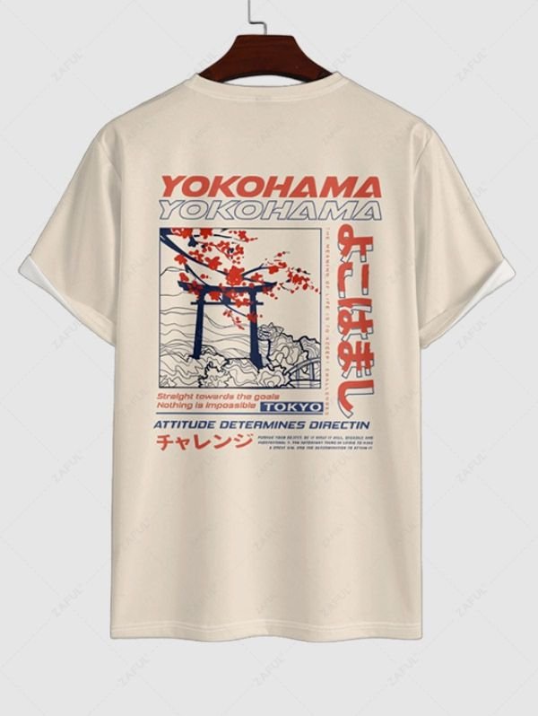 online Men's Japanese Torii Floral Waves Letter Slogan Graphic Printed Crew Neck Short Sleeves T-shirt - ANTIQUE WHITE L