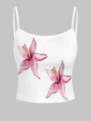 fancy Women's Floral Print Ribbed Knit Spaghetti Strap Cami Tank Top - WHITE XL