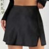 womens Women's Sexy Solid Color Silky Satin Side Slit High Elastic Waisted A-line Mini Skirt - BLACK L