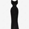 new Women's Sexy See Through Openwork Crochet Waist Cut Out Spaghetti Strap Beach Cover Up Maxi Dress - BLACK S