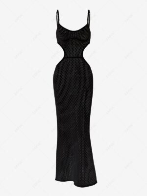 new Women's Sexy See Through Openwork Crochet Waist Cut Out Spaghetti Strap Beach Cover Up Maxi Dress - BLACK S