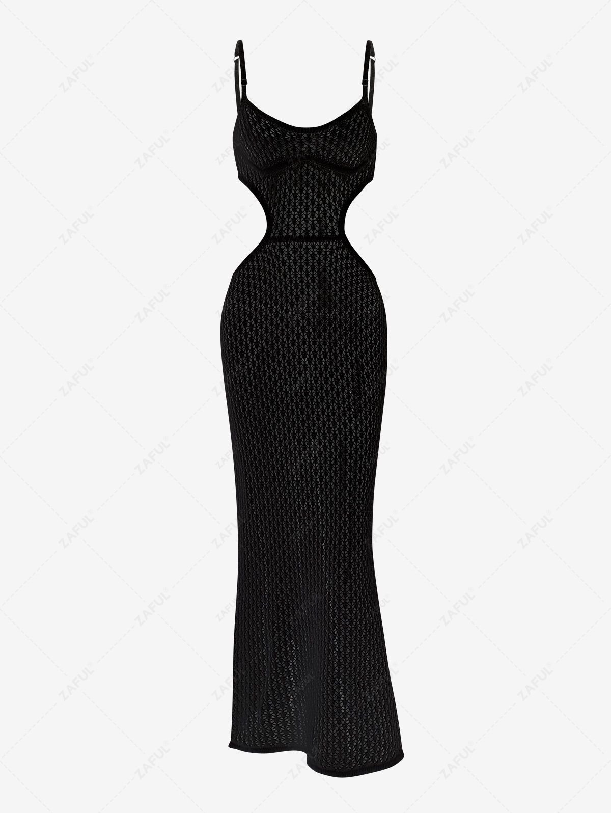 new Women's Sexy See Through Openwork Crochet Waist Cut Out Spaghetti Strap Beach Cover Up Maxi Dress - BLACK S