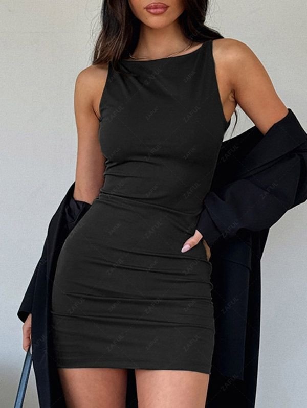 latest Women's Plain Solid Color Crew Neck Sleeveless Slim Fit Mini Tank Dress - BLACK L