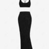 fancy Women's Crochet Openwork Crisscross Lace Up Back Sleeveless Beach Cover Up Crop Top And Maxi Skirt Set - BLACK S