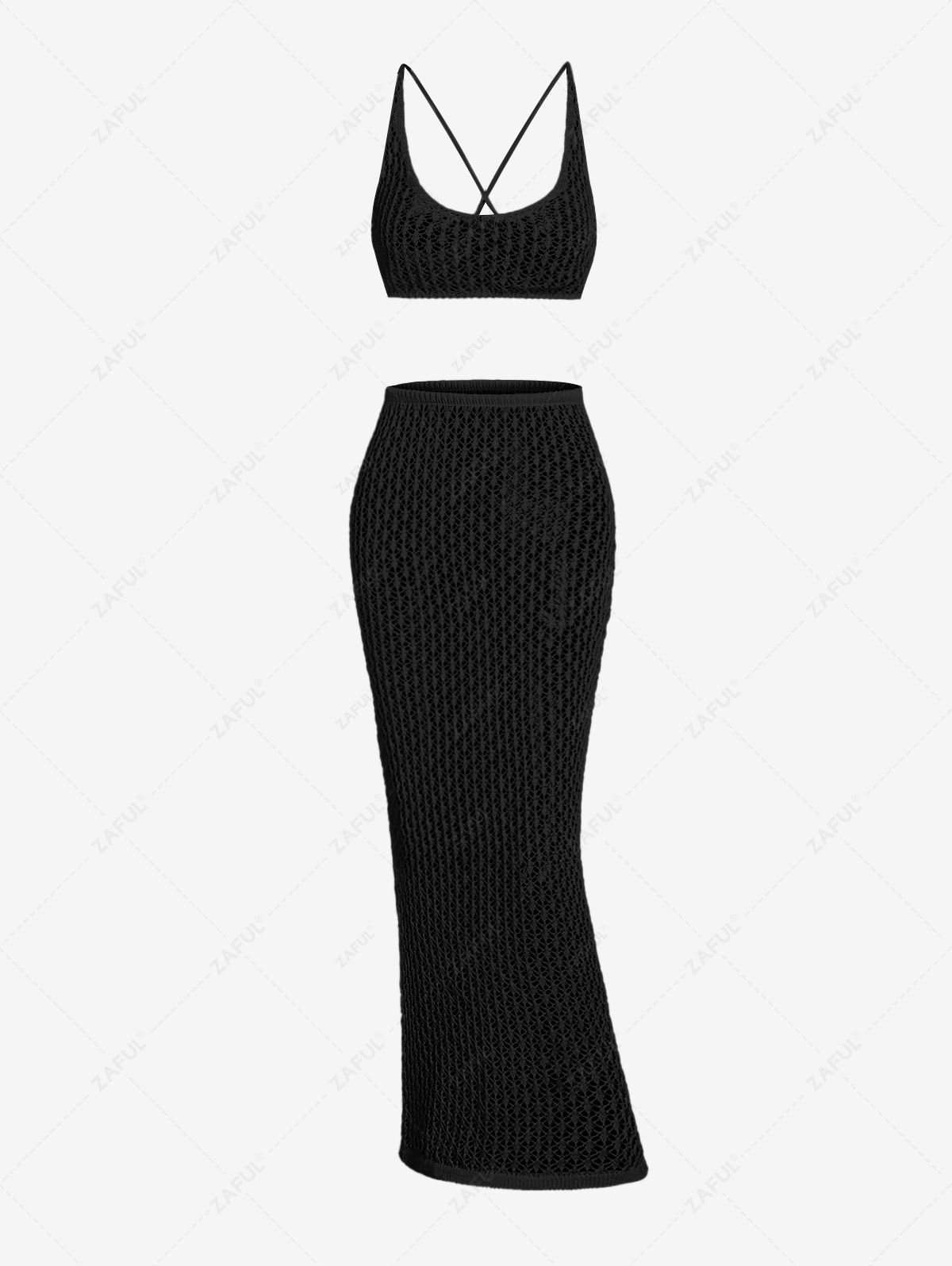 fancy Women's Crochet Openwork Crisscross Lace Up Back Sleeveless Beach Cover Up Crop Top And Maxi Skirt Set - BLACK S