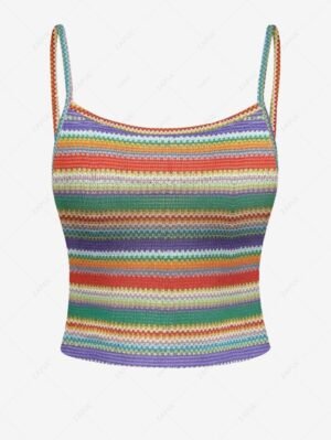 trendy Women's Contrast Binding Colorblock Striped Print Ribbed Knit Spaghetti Strap Cami Tank Top - CHESTNUT S