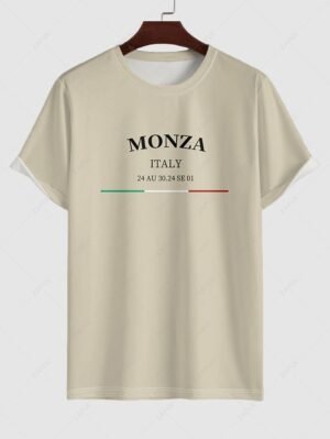 latest Men's Monza Italy Letter Graphic Printed Crew Neck Short Sleeves T-shirt - VANILLA M