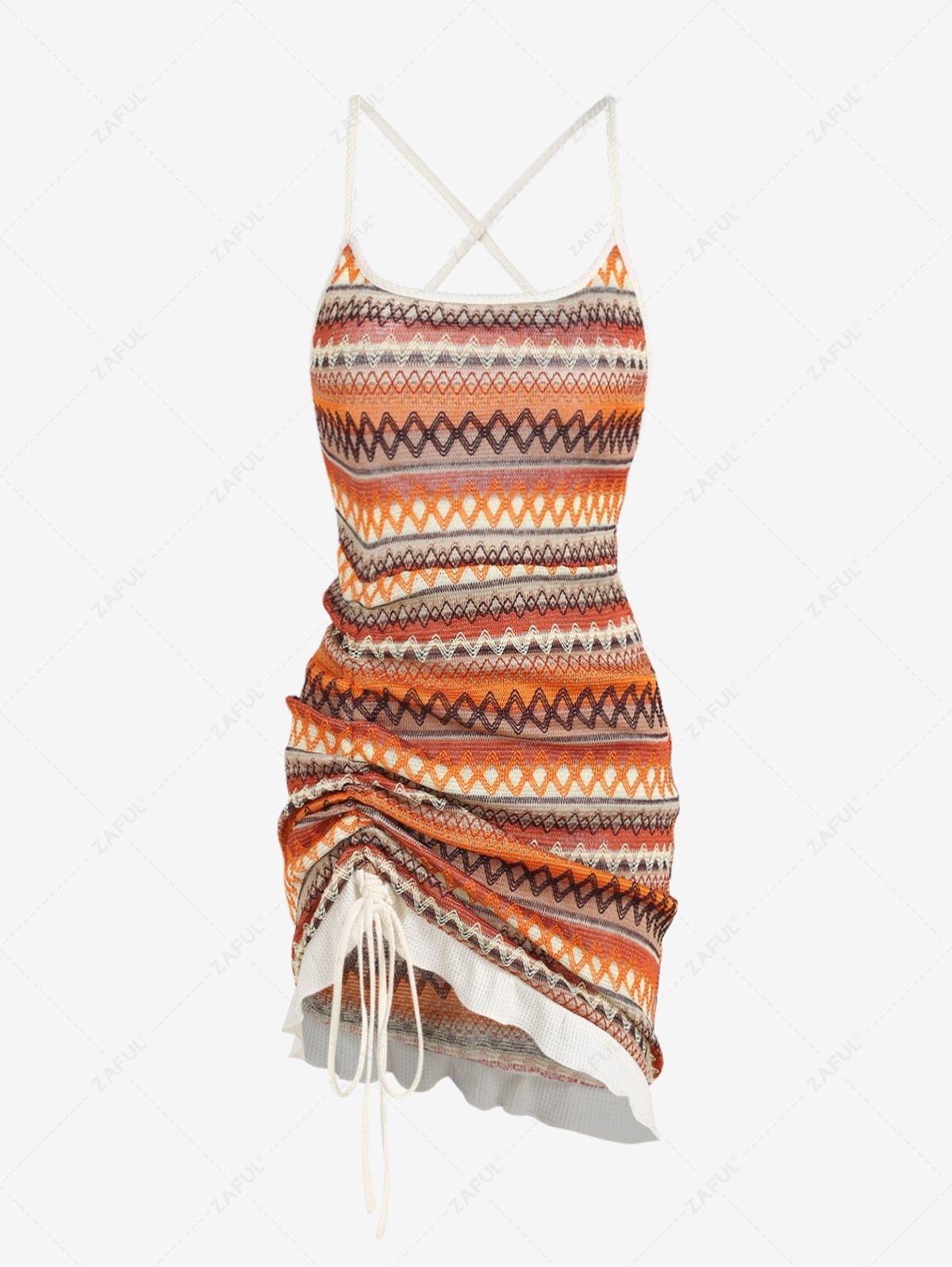 online Women's Ethnic Style Geometric Pattern Cinched Ruched Side Lace Up Open Back Ruffles Hem Mini Dress - DARK ORANGE S