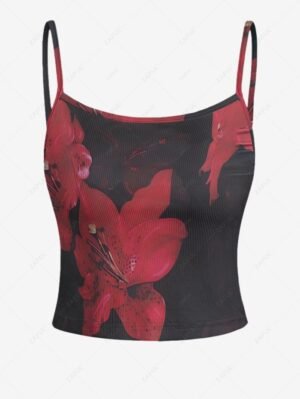 womens Women's Floral Print Ribbed Knit Spaghetti Strap Cami Tank Top - BLACK M