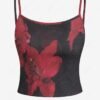 womens Women's Floral Print Ribbed Knit Spaghetti Strap Cami Tank Top - BLACK M