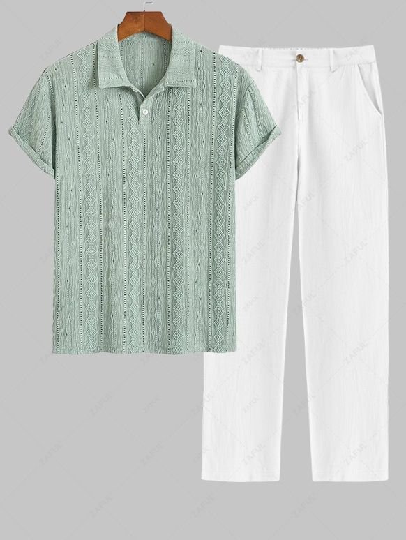 sale Men's Casual Textured Openwork Polo Collar Half Buttoned Short Sleeves Shirt And Cotton and Linen Straight Leg Pants Set - LIGHT GREEN ONE SIZE