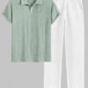 sale Men's Casual Textured Openwork Polo Collar Half Buttoned Short Sleeves Shirt And Cotton and Linen Straight Leg Pants Set - LIGHT GREEN ONE SIZE