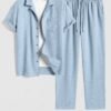 online Men's Cotton And Linen Textured Pocket Design Camp Collar Button Up Short Sleeves Shirt And Drawstring Straight Leg Pants Set - LIGHT BLUE ONE SIZE