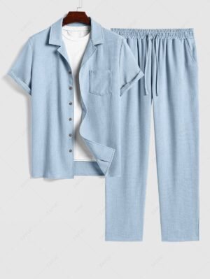 online Men's Cotton And Linen Textured Pocket Design Camp Collar Button Up Short Sleeves Shirt And Drawstring Straight Leg Pants Set - LIGHT BLUE ONE SIZE