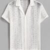 ladies Men's Casual Lace Openwork Camp Collar Button Up Short Sleeves Shirt - WHITE M