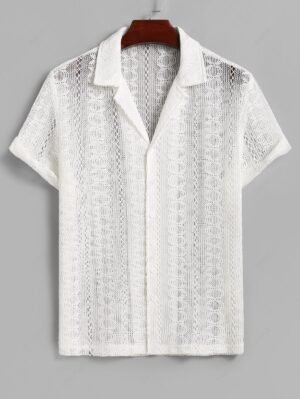 ladies Men's Casual Lace Openwork Camp Collar Button Up Short Sleeves Shirt - WHITE M