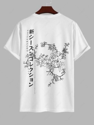 women's Men's Casual Japanese Letter Floral Blossom Printed Crew Neck Short Sleeves T-shirt - WHITE L