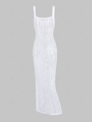 latest Women's Sexy Solid Color Crochet Openwork Open Back Beach Cover Up Maxi Dress - WHITE L