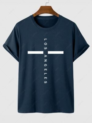 outfits Men's Los Angeles Letter Graphic Printed Crew Neck Short Sleeves T-shirt - DEEP BLUE L