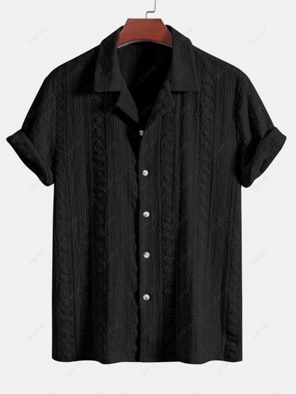 shops ZAFUL Men's Button Up Geometric Lace Openwork Camp Collar Short Sleeves Shirt - BLACK XL