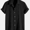 shops ZAFUL Men's Button Up Geometric Lace Openwork Camp Collar Short Sleeves Shirt - BLACK XL