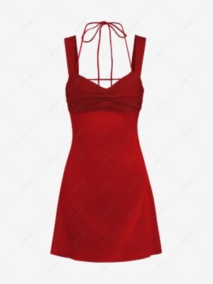 outfits Women's Sexy Vacation Contrast Ruched Bust Detail Lace Up Open Back Halter Tied Mini Dress - RED L