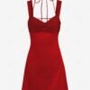outfits Women's Sexy Vacation Contrast Ruched Bust Detail Lace Up Open Back Halter Tied Mini Dress - RED L