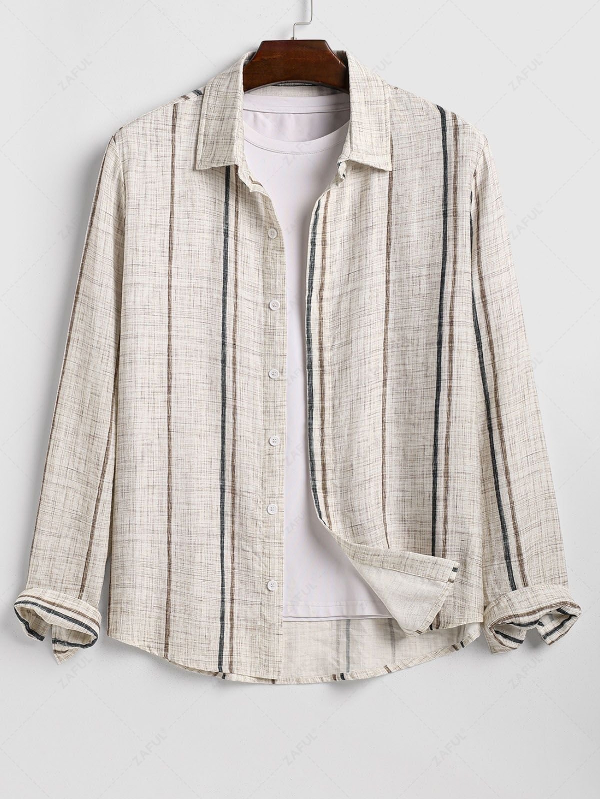 best Men's Casual Cotton And Linen Textured Striped Button Up Long Sleeves Shirt - LIGHT COFFEE L