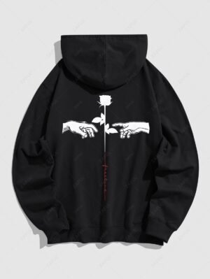 shops Men's Floral Rose Hand Gesture Letter Graphic Printed Kangaroo Pocket Pullover Hoodie - BLACK L