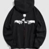 shops Men's Floral Rose Hand Gesture Letter Graphic Printed Kangaroo Pocket Pullover Hoodie - BLACK L