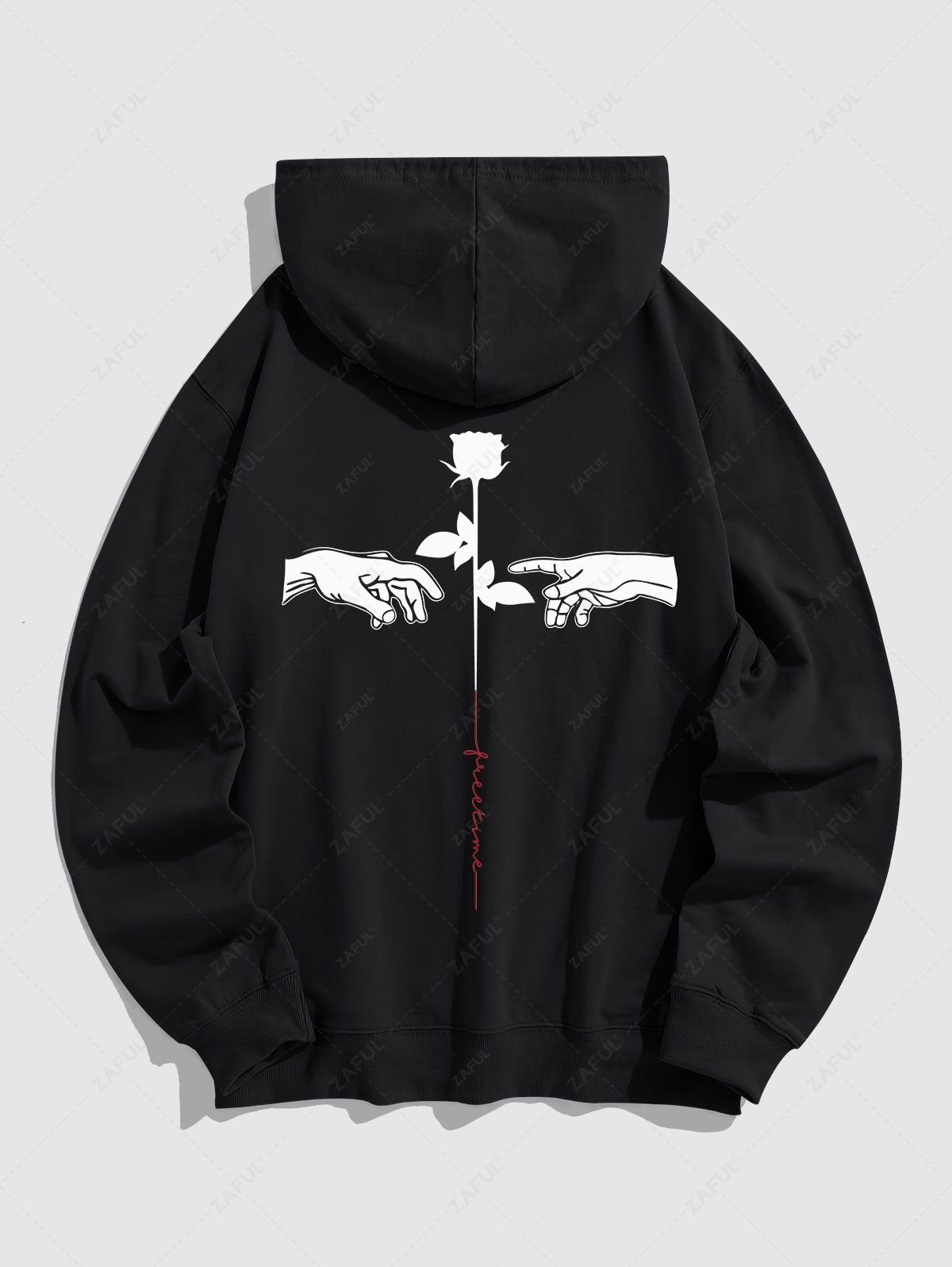 shops Men's Floral Rose Hand Gesture Letter Graphic Printed Kangaroo Pocket Pullover Hoodie - BLACK L