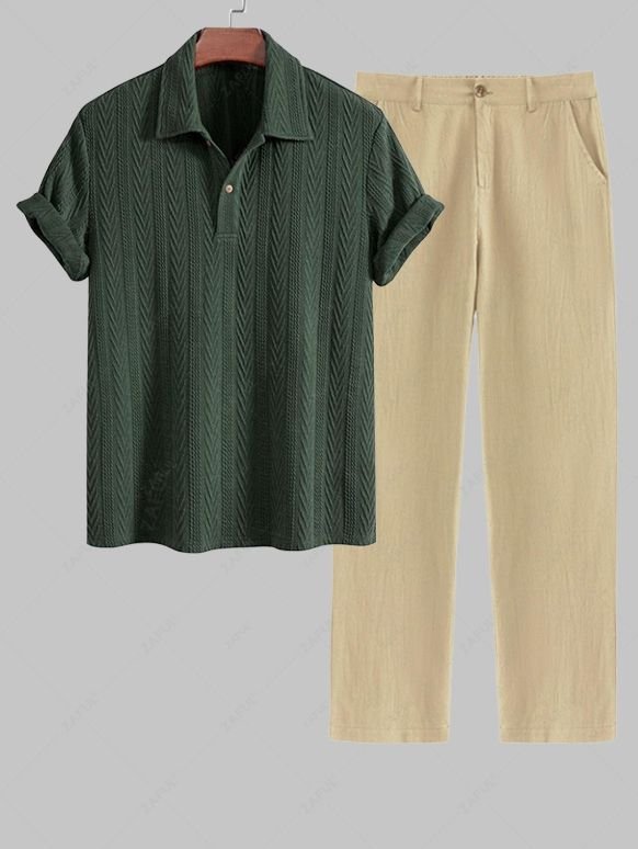 new Men's Solid Color Jacquard Textured Polo Collar Half Buttoned Short Sleeves T-shirt and Cotton and Linen Straight Leg Pants Set - DEEP GREEN ONE SIZE