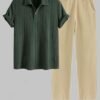 new Men's Solid Color Jacquard Textured Polo Collar Half Buttoned Short Sleeves T-shirt and Cotton and Linen Straight Leg Pants Set - DEEP GREEN ONE SIZE