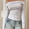 chic Women's Casual Sexy Slim Fit Foldover Off The Shoulder Long Sleeve Short T-shirt - GRAY L
