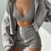 buy Women's Three Pieces Knitted Tracksuit Set Zip Up Hoodie And Crop Bralette Top And High Waisted Straight Shorts Set - GRAY S
