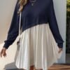 women's Women's Casual Daily Two Tone Spliced Crew Neck Drop Shoulder Long Sleeves Mini A-line Dress - DEEP BLUE M