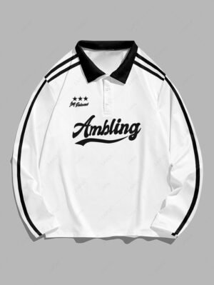 trendy Men's Colorblock Stars Letter Graphic Printed Half Buttoned Polo Collar Long Sleeves T-shirt - WHITE L