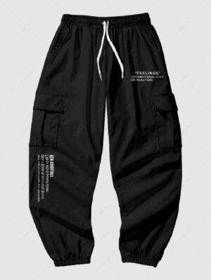 unique Men's Streetwear Letter Slogan Printed Multi-pockets Design Beam Feet Drawstring Cargo Pants - BLACK 2XL